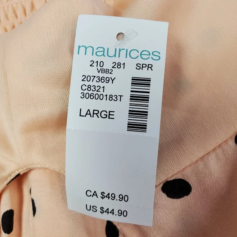 Maurices Maxi Sundress Women Size L Peach Black Polka Dot Halter Elastic Back - Picture 7 of 12